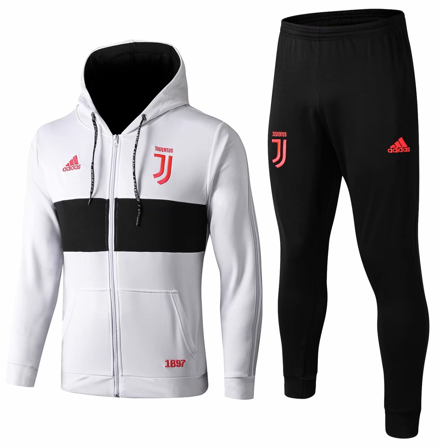 Kit treinamento com capuz oficial Adidas Juventus 2019 2020 branco e preto